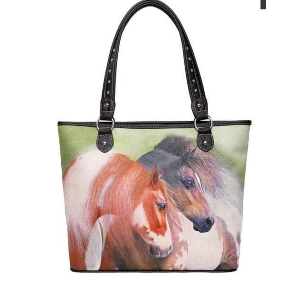 Montana West Beautiful Horse Canvas Tote Bag with clutch